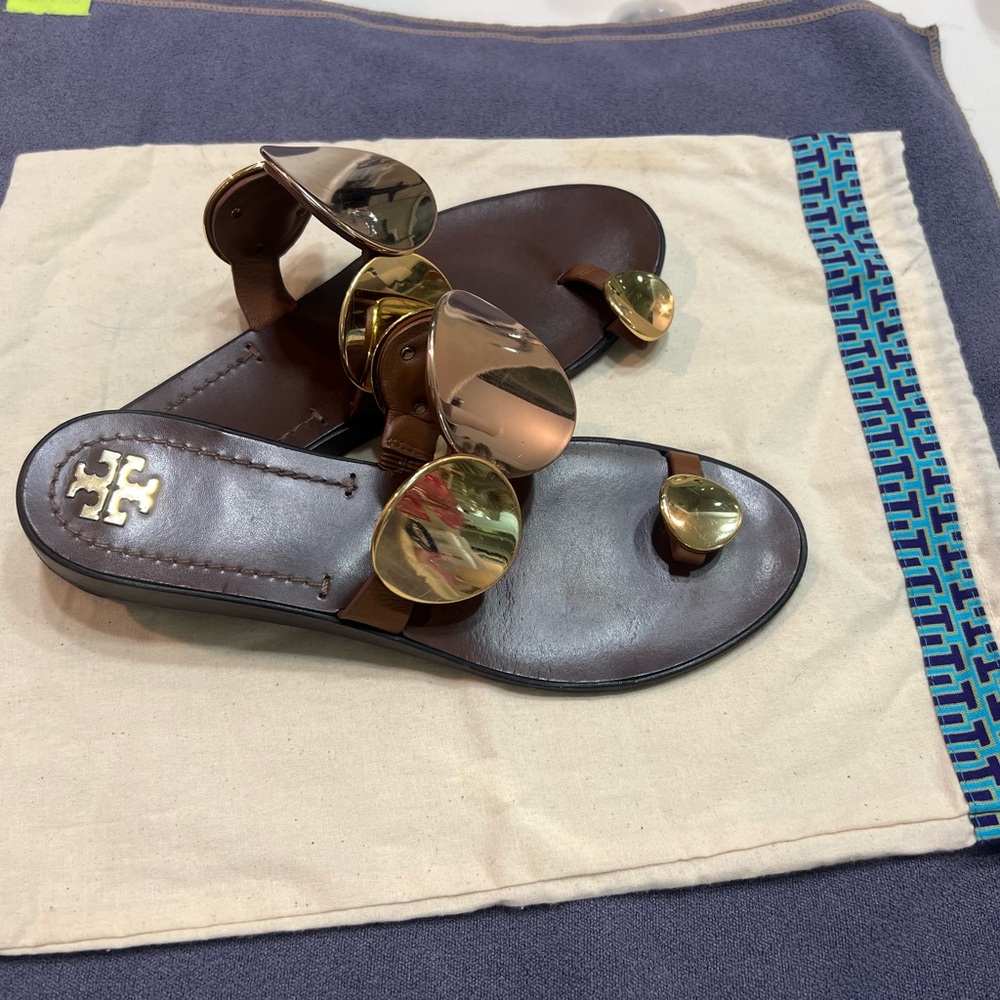 Tory Burch Brown Sandals with Metallic Accents - Picture 4 of 9